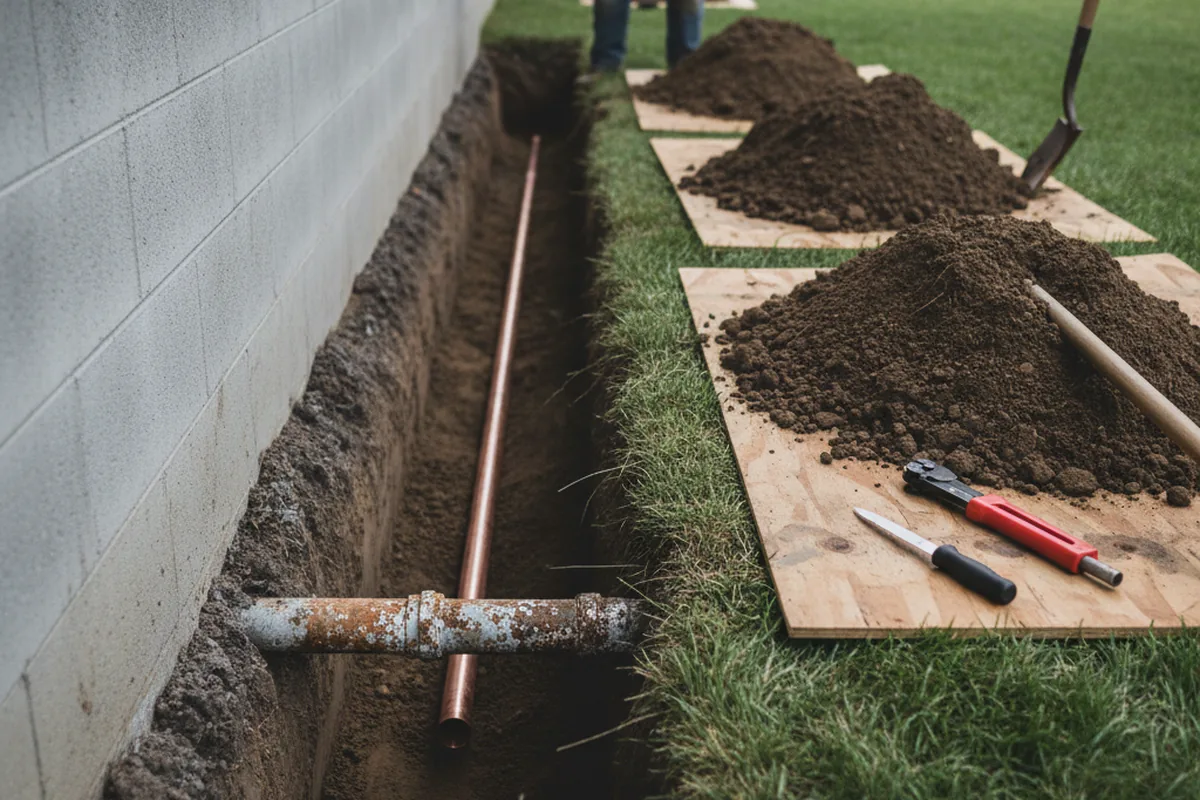 Excavated water line trench during Water Heater Repair in Locust Grove